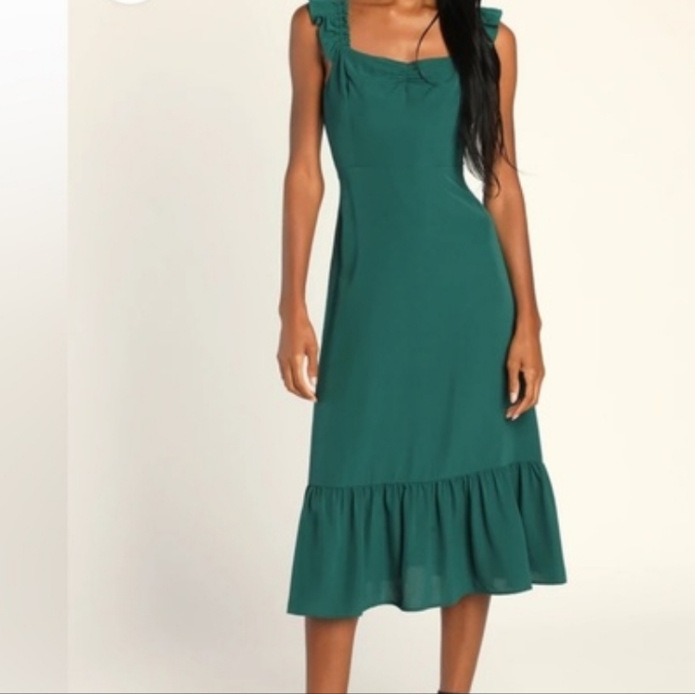 Lulus Teal Ruffle Strap Midi Dress (L) NWT
